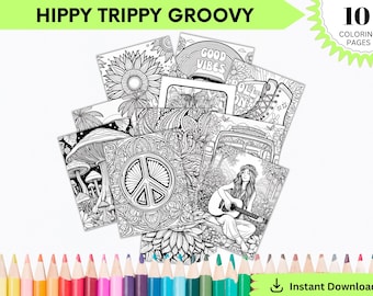 Set of 10 Hippie Trippy Groovy Coloring Pages, Colorful Coloring Pages, Easy Coloring, Groovy Coloring Pages, Printable Coloring