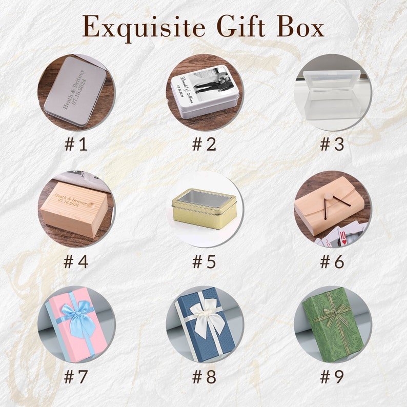 May include: Nine different gift boxes in various styles and colors. The boxes are arranged in a grid pattern. The boxes are made of wood, metal, and cardboard. Some of the boxes have ribbons, bows, and other decorations. The boxes are all empty.