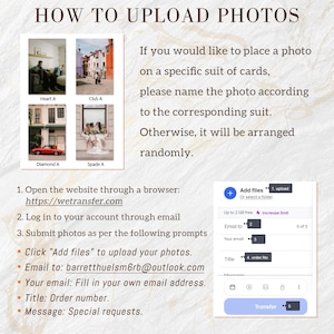 May include: A screenshot of a website with instructions on how to upload photos to a website. The website is called "wetransfer.com". The instructions include uploading photos to a specific suit of cards, or they will be arranged randomly. The website has a button that says "Transfer".