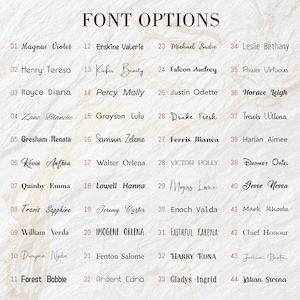May include: A list of 44 font options with names in a brown font. The names are arranged in two columns with numbers 1-44 in front of each name. The background is a light beige color.