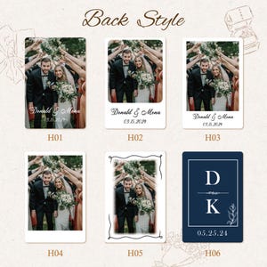 May include: Six rectangular photo card designs labelled H01 through H06. Five cards feature a wedding photo of a couple with the text Donald & Mona and 03.15.2024. The sixth card is a navy blue rectangle with the letters D K and 05.25.24.
