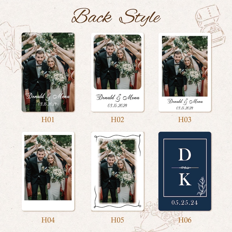 May include: Six rectangular photo card designs labelled H01 through H06. Five cards feature a wedding photo of a couple with the text Donald & Mona and 03.15.2024. The sixth card is a navy blue rectangle with the letters D K and 05.25.24.