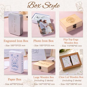 May include: A collection of six custom box styles including an engraved iron box 100x70x23 mm, a photo iron box 100x70x23 mm, a flip-top wooden box 110x80x45 mm, a paper box 60x90x23 mm, a large wooden box 143x105x42 mm, and a clear lid wooden box 152x180x45 mm.