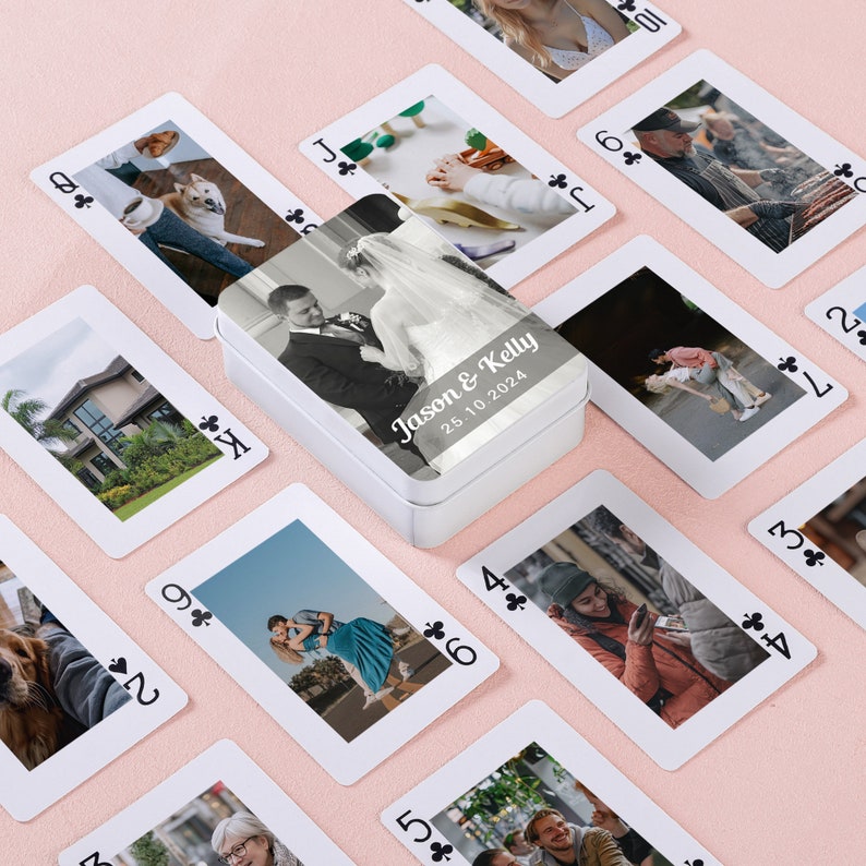 May include: A set of playing cards with photos on each card. The cards are in a white box with the text "Jason & Kelly 25.10.2024" on the top.