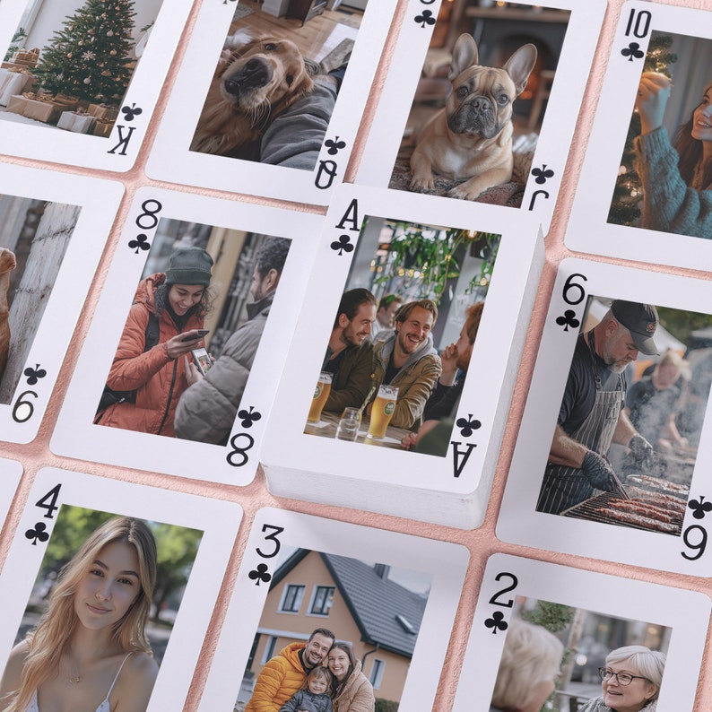 May include: A set of playing cards with various photos on each card. The cards are white with black club symbols and black numbers. The photos include a Christmas tree, a dog, a group of people, a person grilling, a house, and a woman.