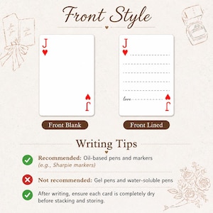 May include: Two playing cards labelled Front Style, one blank and one lined with the word love, featuring a red J and heart symbol. Below, Writing Tips list recommended oil-based pens and markers, while noting gel and water-soluble pens are not.