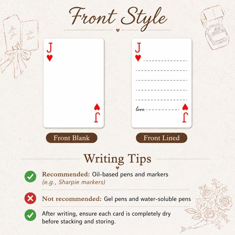 May include: Two playing cards labelled Front Style, one blank and one lined with the word love, featuring a red J and heart symbol. Below, Writing Tips list recommended oil-based pens and markers, while noting gel and water-soluble pens are not.