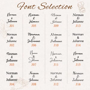 May include: A font selection chart featuring the text Font Selection at the top and sixteen variations of the names Norman & Julianne labelled J01 through J16. Each entry displays the names in a distinct typeface style arranged in a grid.