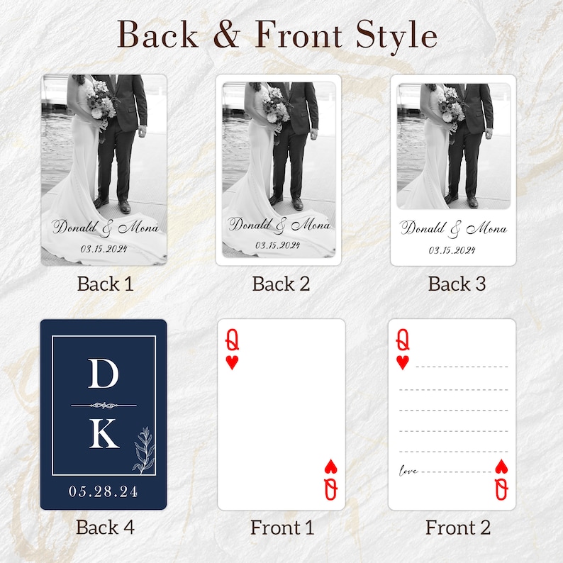 May include: Six different card designs for a wedding. Three designs feature a black and white photo of a bride and groom. The other three designs feature a blue and white card with the initials D and K, a red queen of hearts, and a red queen of hearts with lines for writing.