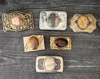 Hebillas de cinturón de estilo western vintage con piedras, jaspe, ágata y madera petrificada (se venden por separado).