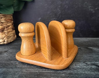 Vintage Wooden Napkin Holder Set Salt Pepper Shakers Rustic Decor