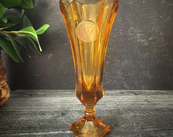 Vintage Fostoria Amber Coin Glass Bud Vase, 8 Inch, 3 Coin Footed Trumpet Vase