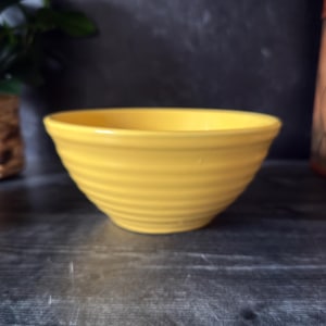 Puede incluir: Un cuenco de cerámica amarillo brillante con un exterior acanalado. El cuenco tiene forma redondeada y un acabado liso y brillante. El cuenco está vacío y se encuentra sobre una superficie oscura.