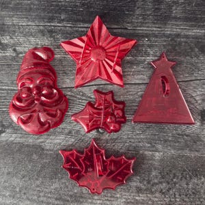 Vintage Red Christmas Cookie Cutters Set 5 Aunt Chick Santa HRM 1950s Plastic