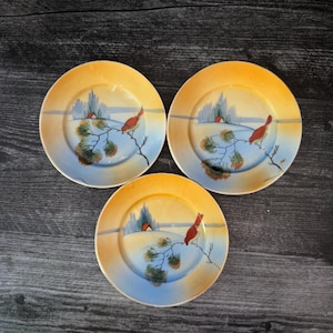 Set van 3 antieke Japanse lustreware borden – ontwerp met rode vogel – handgeschilderd Japan