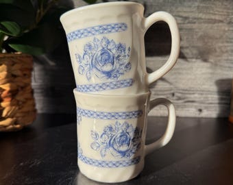Set of 2 Vintage Arcopal France Honorine Blue Floral Milk Glass Mugs