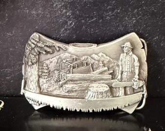 Vintage 1981 Bergamot Logger Belt Buckle Pewter - Siskiyou Leather and Belt Co.