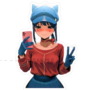 May include: A sticker featuring an anime-style character in a blue cat-ear hat, red long-sleeve shirt with the word "SAMPLE", and blue skirt. The character is holding a pink phone and making a peace sign with blue gloves.