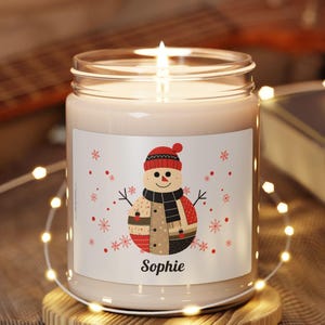 Personalized Faux Patchwork Snowman Candle, Patchwork Christmas Gift, Custom Soy Candle, Cute Holiday Gifts, Xmas Season Winter Mantel Decor