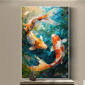 May include: An abstract painting of two koi fish swimming in a turquoise and blue pond. The fish are orange and white with detailed fins. The artwork is displayed in a modern living room.