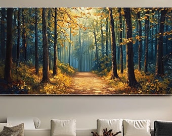 Könnte beinhalten: Ein großer rechteckiger Leinwanddruck, der eine Waldszene zeigt. Das Kunstwerk zeigt einen Weg, der in eine sonnenbeschienene Lichtung führt, umgeben von hohen Bäumen mit goldenem und grünem Laub. Das Gemälde wird über einem weißen Ecksofa ausgestellt.