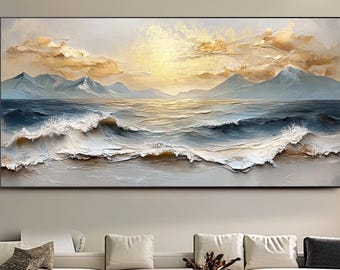 Oceaangolf olieverfschilderij getextureerde canvaskunst grote gouden muurkunst kust zonsondergang muur kunst berg zeegezicht canvas kunstwerk slaapkamer muurkunst