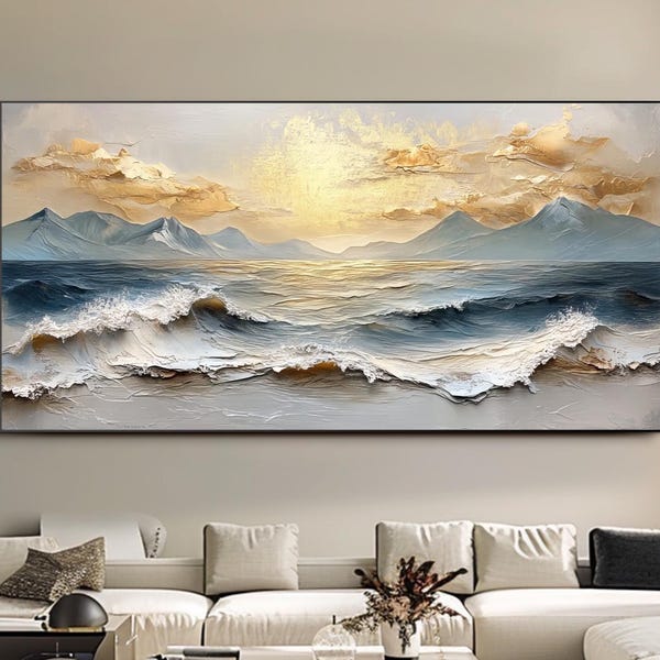 Ozeanwelle Ölgemälde Strukturierte Leinwand Kunst Große Goldene Wandkunst Küsten Sonnenuntergang Wandkunst Bergseelandschaft Leinwand Kunstwerk Schlafzimmer Wandkunst
