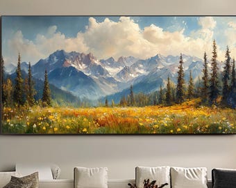 Pintura al óleo original de montaña, gran paisaje, arte mural con textura natural, lienzo de bosque, arte de flores silvestres, decoración de pared para sala de estar