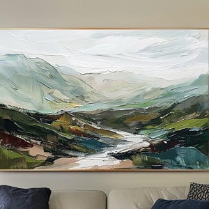 Original Mountain Oil Painting on Canvas 3d Green Wall Art Minimalist Landscape Oil Painting Abstract Texture Green Wall Art Large Wall Art