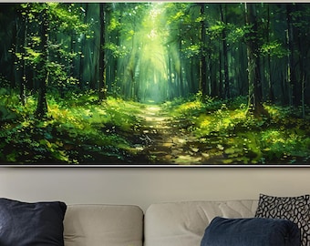 Forest Landscape Oil Painting Sunlit Woodland Wall Art Green Canvas Art for Living Room Decor