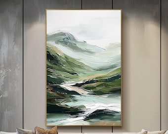 Arte mural de montaña vertical, pintura al óleo original sobre lienzo, pintura de paisaje, textura 3D, arte mural, arte mural para sala de estar, arte mural verde único