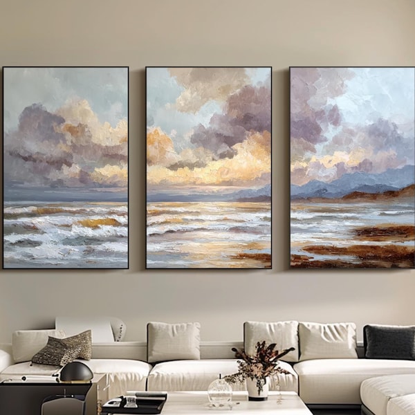 Triptych Coastal Oil Painting Large Boho Wall Art Textured Seascape Wall Art Sunset Ocean Canvas Art Three Panel Beach Artwork Landscape Art