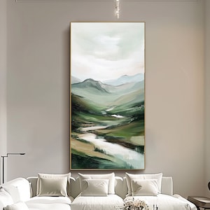 3d Green Mountain Wall Art Vertical Wall Art Original Painting on Canvas Abstract Texture Landscape Wall Art Minimalist Painting on Canvas