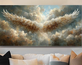 Pintura al óleo original de alas de ángel, obra de arte de nubes, lienzo grande espiritual, decoración de pared para dormitorio