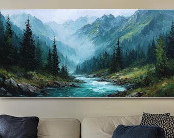 May include: A landscape painting depicts a river flowing through a forest and mountains. The artwork features a vibrant turquoise river, lush green trees, and misty blue mountains in the background. The painting is displayed above a beige sofa.
