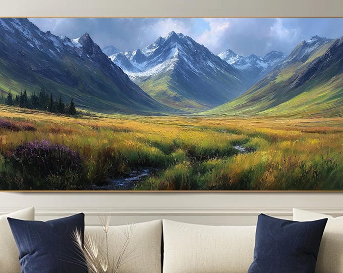 Green Nature Wall Art Mountain Landscape Oil Painting Textured Valley ...