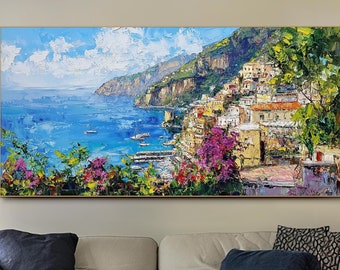 Mediterrane Küsten Wand Kunst Ölgemälde auf Leinwand Große Wand Kunst 3D Impasto Textur Wand Kunst Leinwand ÖlgemäldeResort Wand Kunst