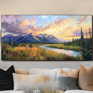 Mountain River Oil Painting on Canvas Abstract Wall Art Living Room Wall Art Large Sunset Texture Wall Art Custom Painting Gallery Wall Art
