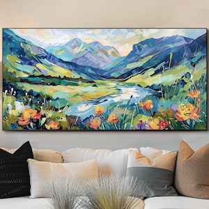 Large Wall Art Landscape Oil Painting on Canvas Mountain River Artwork Impressionist Textured Wall Art Hand-painted Art Large oil painting