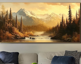 Landscape Oil Painting on Canvas Large Sunset Wall Decor Living Room Wall Art Large Textured Wall Art Gold Forest Wall Art Mountain Painting
