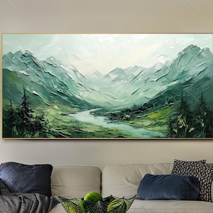 Abstract Mountain Oil Painting Original Green Wall Art Large Textured Canvas Wall Art Landscape Art Living Room Wall Art Office Wall Decor