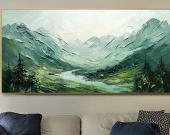 Abstract Mountain Oil Painting Original Green Wall Art Large Textured Canvas Wall Art Landscape Art Living Room Wall Art Office Wall Decor