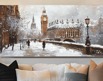 Abstract Cityscape Oil Painting on Canvas Original London Cityscape Wall Art Bed Room Wall Art Winter European Wall Art 3d Canvas Wall Art