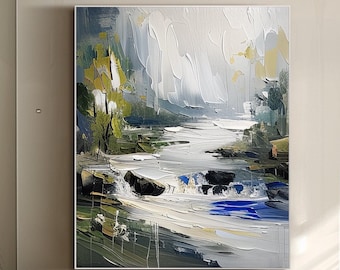 Große Landschaft Wand Kunst Abstraktes Ölgemälde auf Leinwand Wohnzimmer Wandkunst Grün Berg Wandkunst Vertikale Fluss Wandkunst Bürodeko