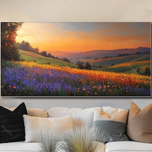Abstract Sunset Wall Art Original Canvas Painting Landscape Art Mountain Flower Oil Painting Canvas Wall Art Office Decor Large Wall Decor