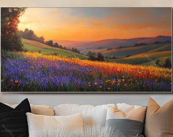 Abstract Sunset Wall Art Original Canvas Painting Landscape Art Mountain Flower Oil Painting Canvas Wall Art Office Decor Large Wall Decor