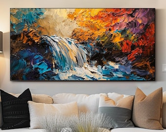 Abstrakte Landschaftsölgemälde auf Leinwand Strukturierte Wasserfallölgemälde Extragroße Wandkunst Bunte Wandkunst Impasto Bergmalerei