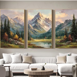 Mountain Triptych Oil Painting Textured Landscape Wall Art Green 3 ...