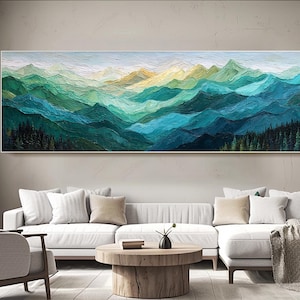 Mountain Landscape Oil Painting Large Textured Wall Art Mountain Wall Art Green Nature Wall Art Living Room Wall Art Rustic Cabin Wall Decor