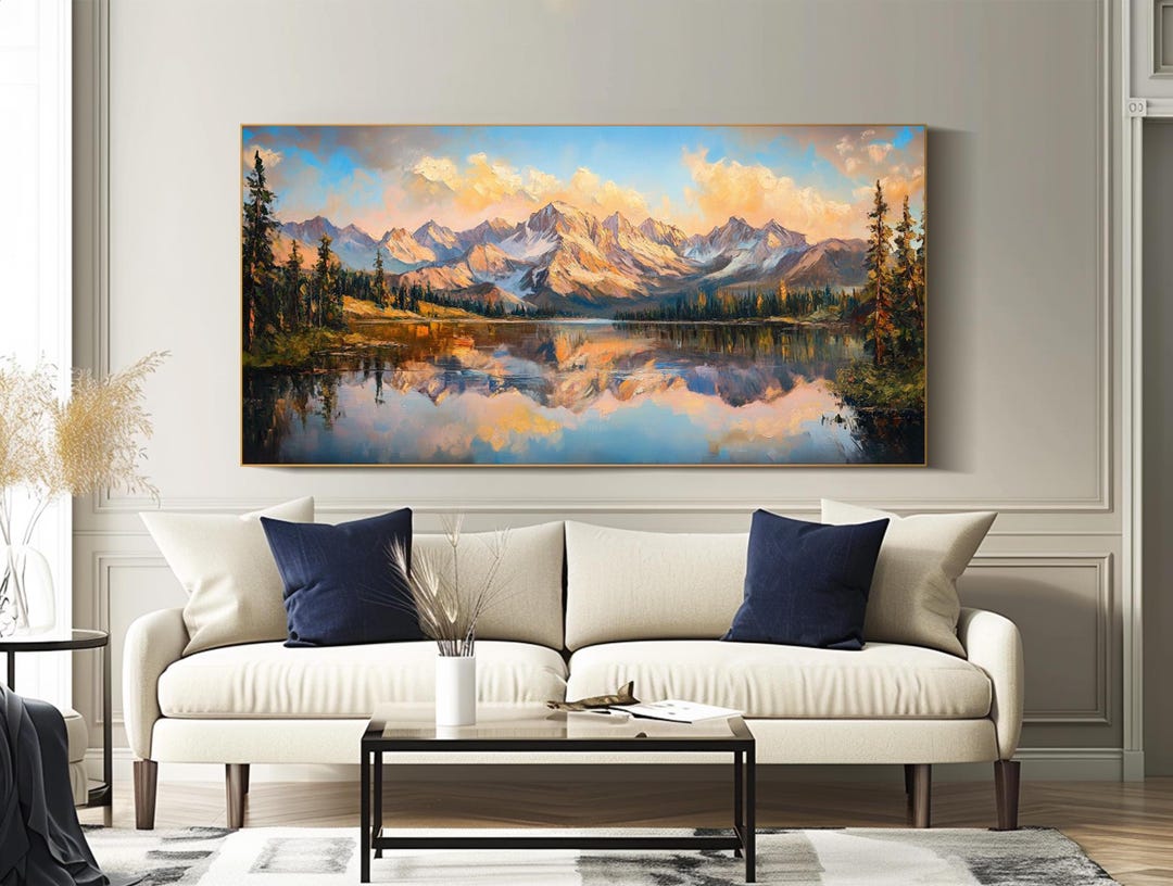 Mountain Lake Oil Painting Large Alpine Landscape Wall Art Living Room ...